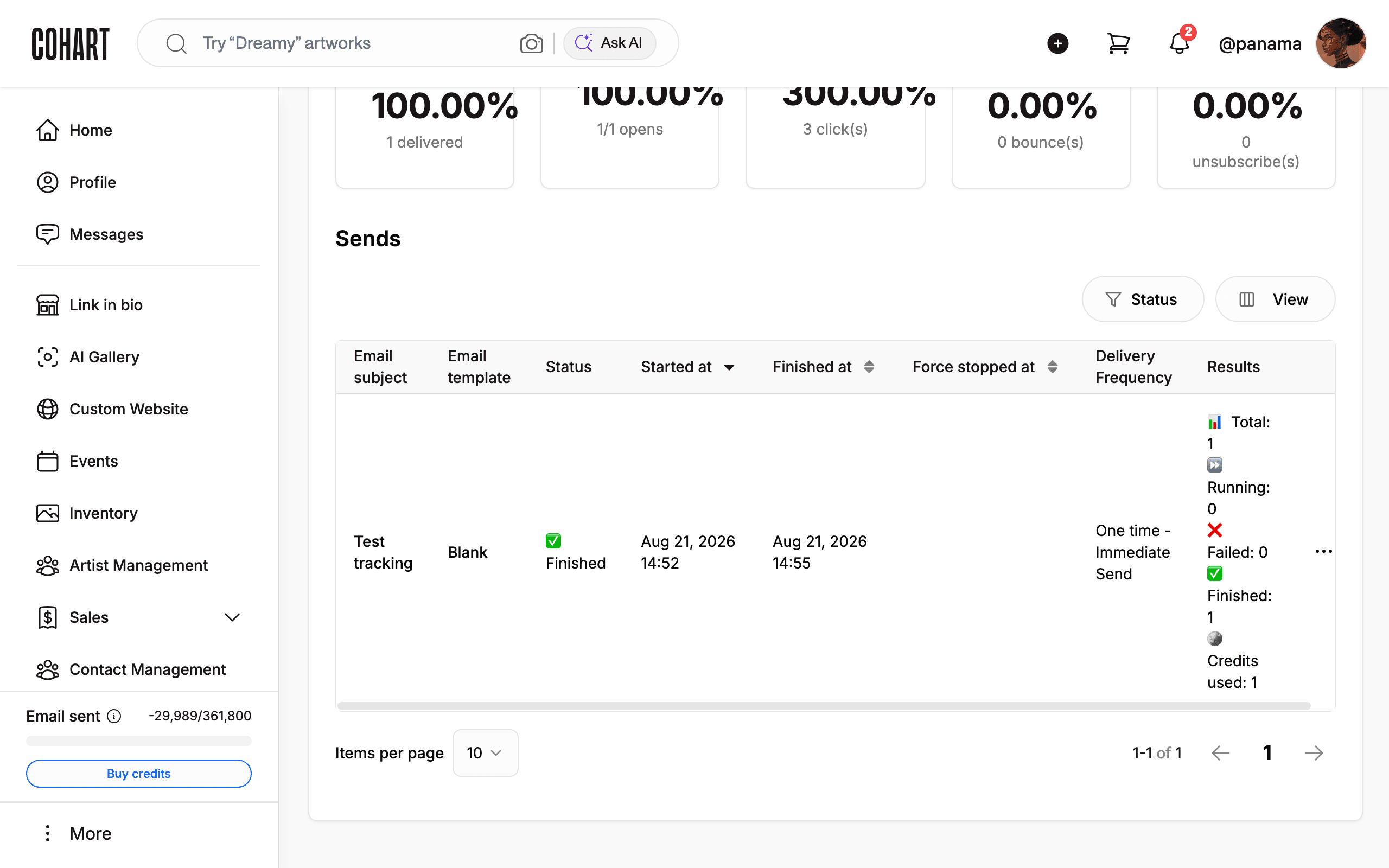 Review the Sends table for per-send status and totals