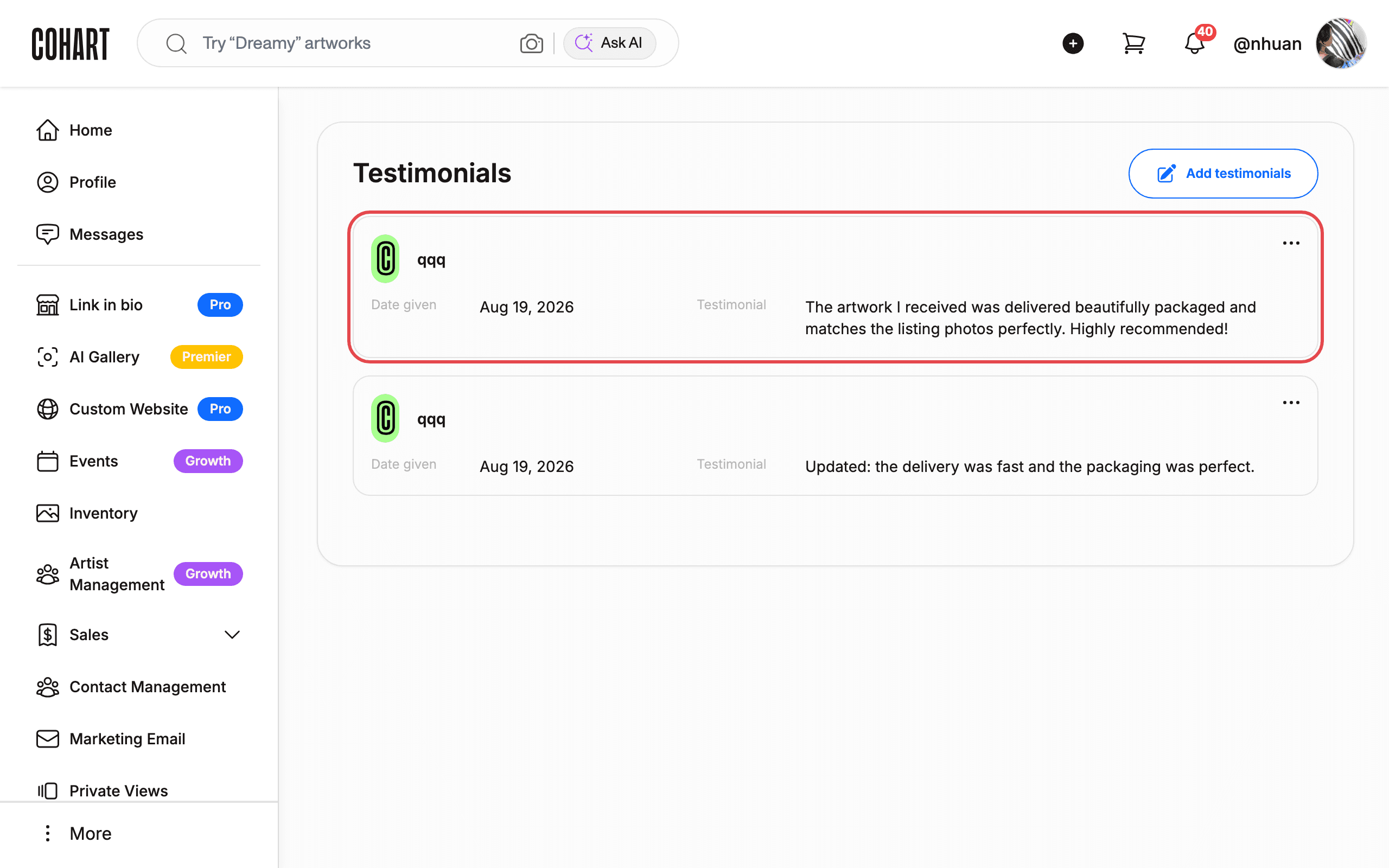 Submit the testimonial