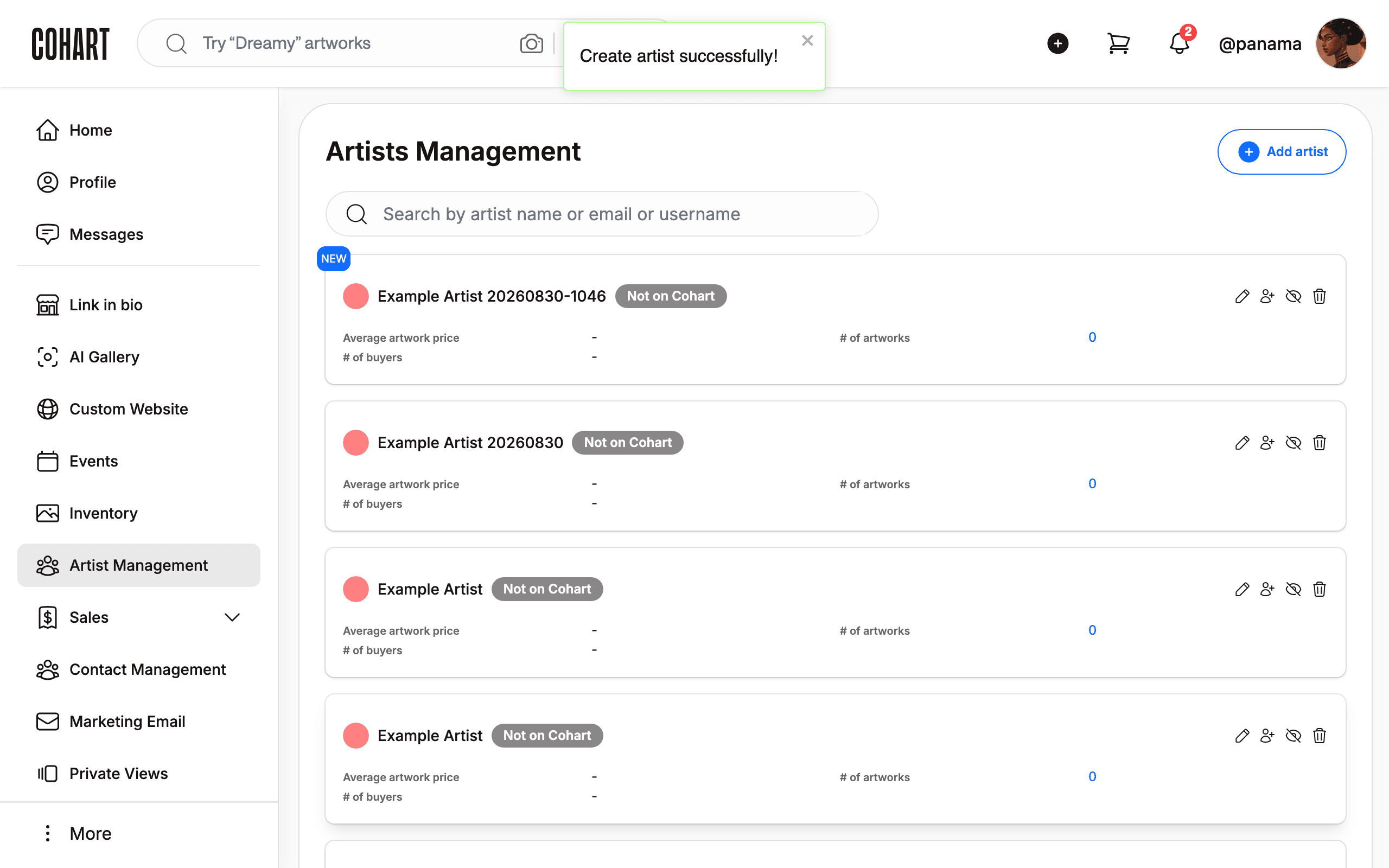 The new artist now appears in the Artists Management list