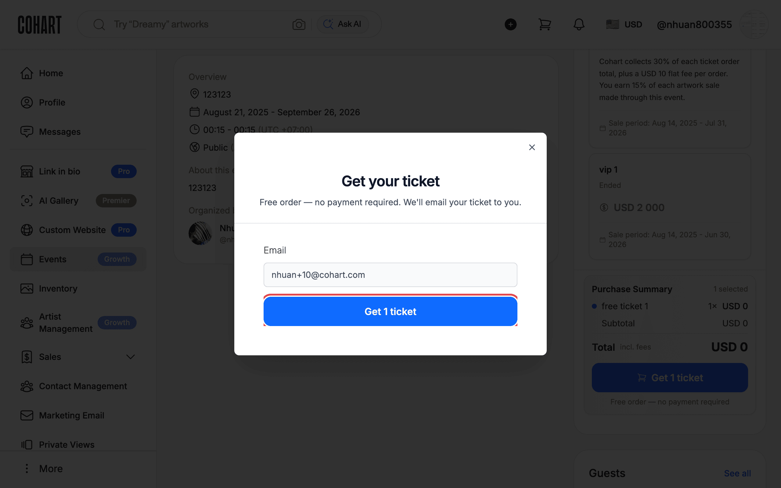 Get your ticket dialog