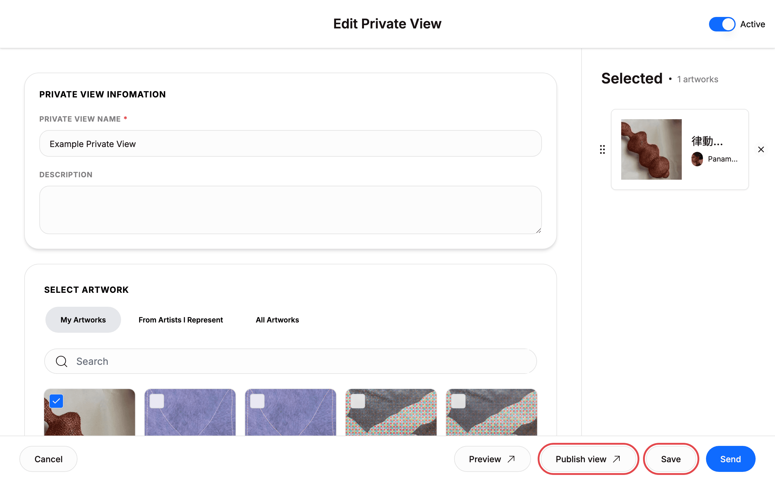 Save, Publish view, Preview, or Cancel