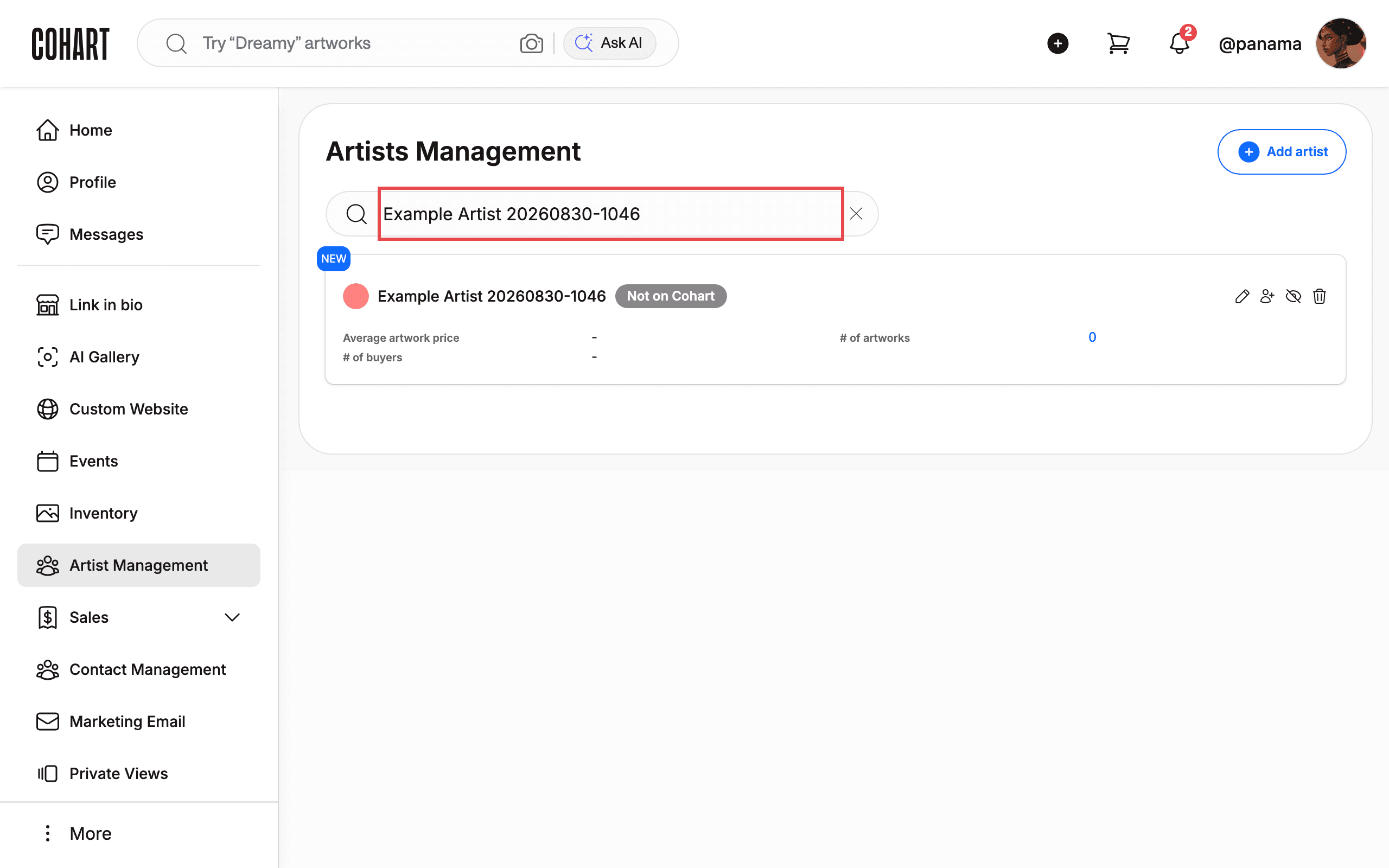 Use the search box to find an artist by name, email, or username