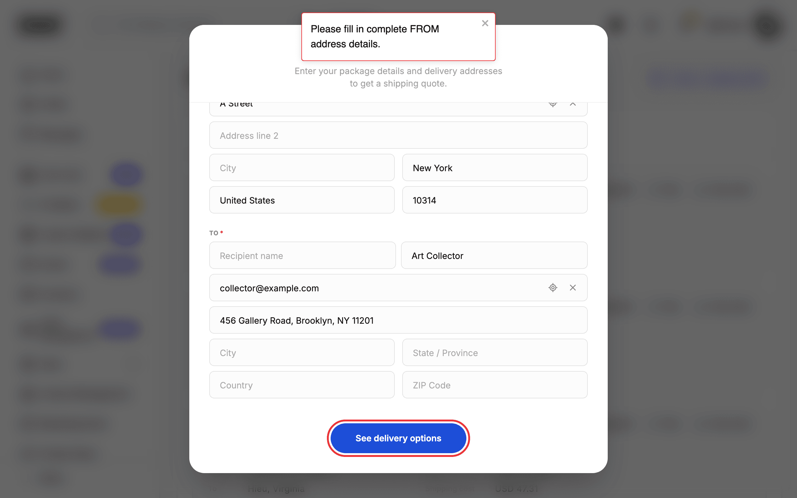 The form scrolled to the See delivery options button
