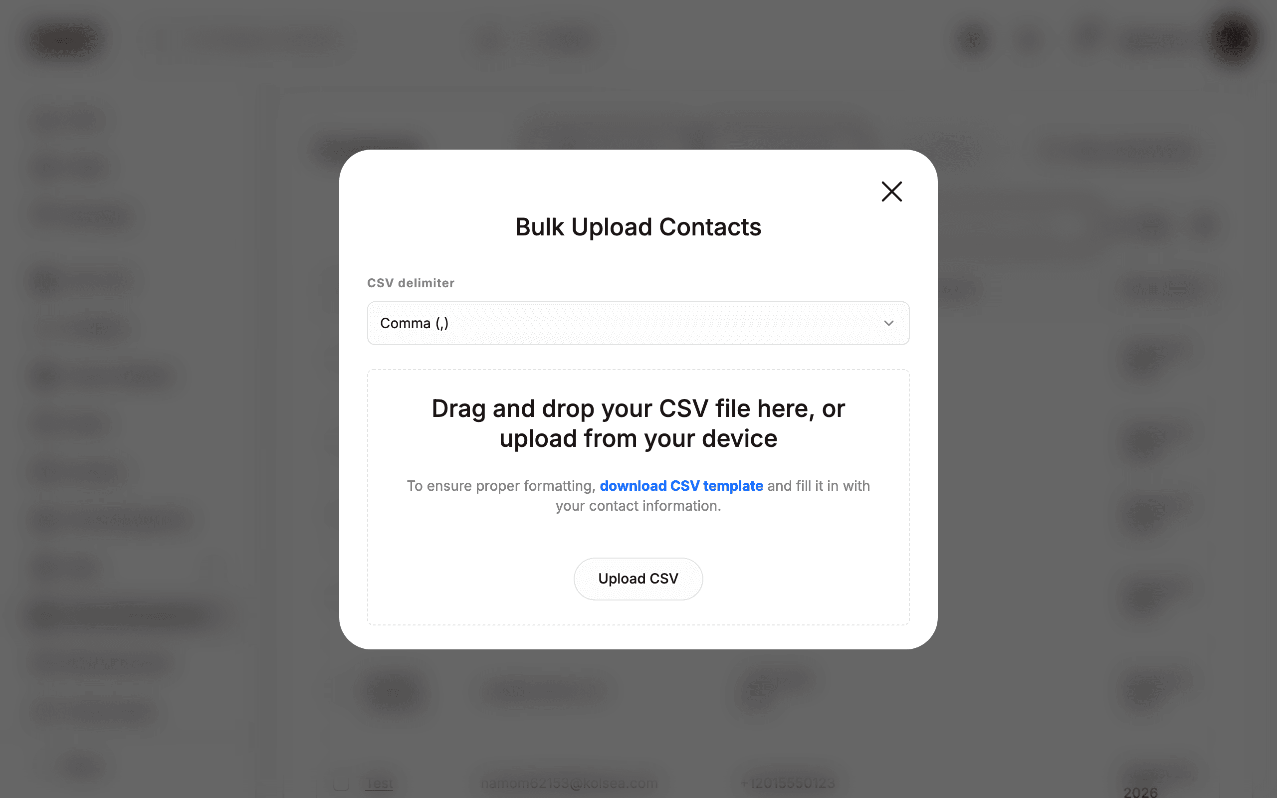 Bulk Upload Contacts panel