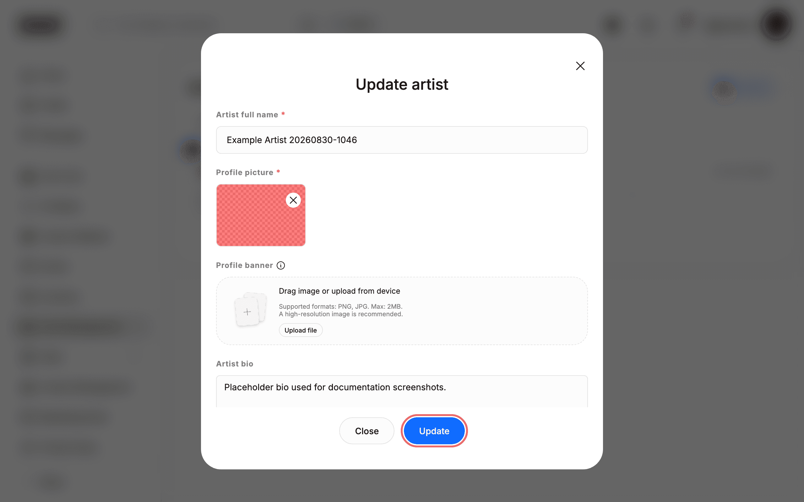 Click an artist card to open the "Update artist" form