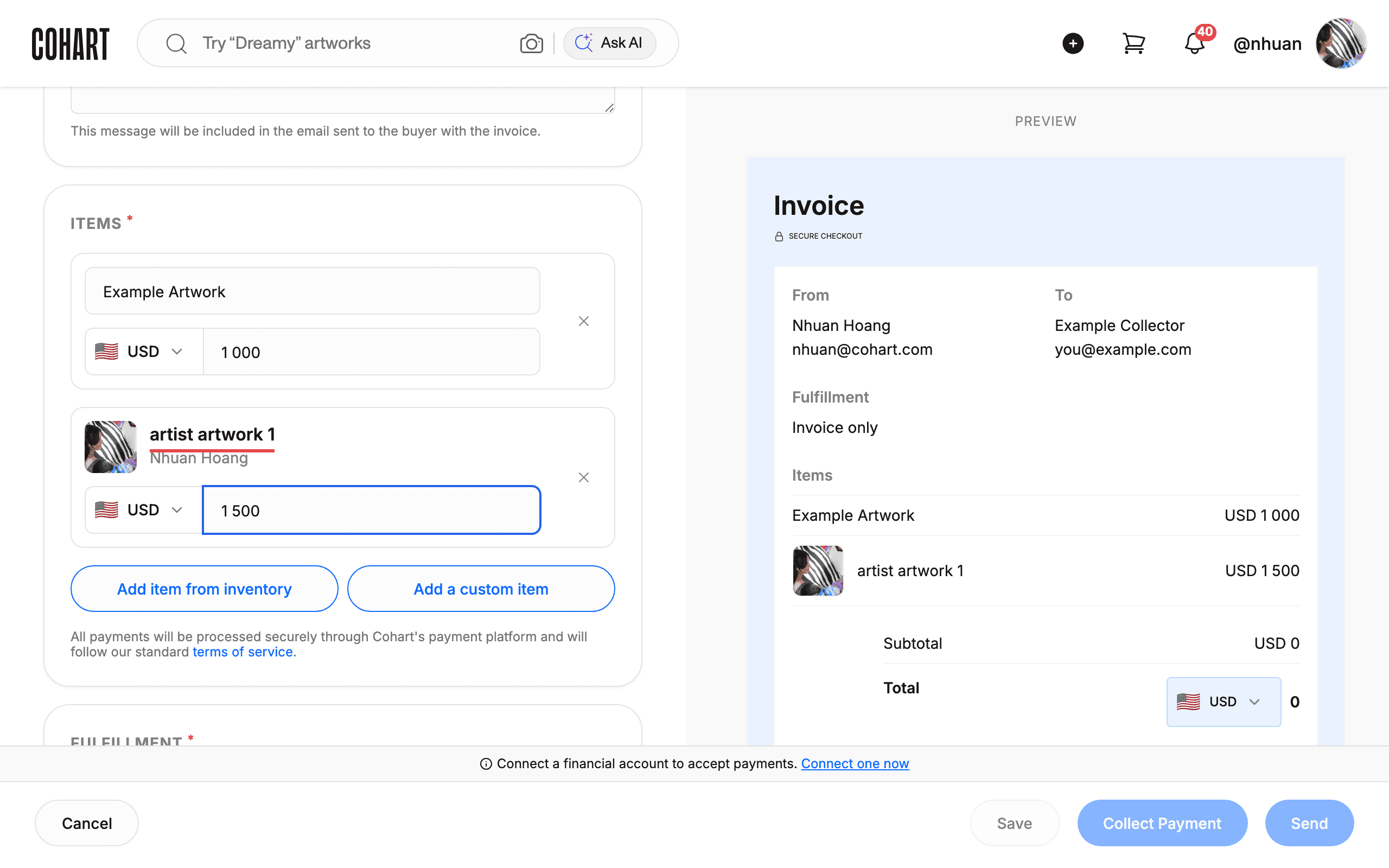 Artwork added to invoice