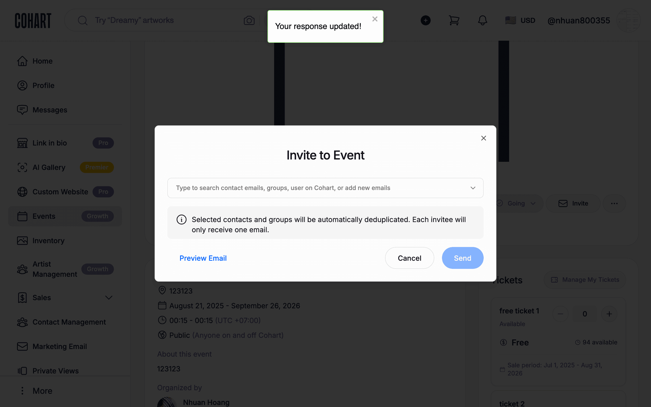 Invite to Event dialog