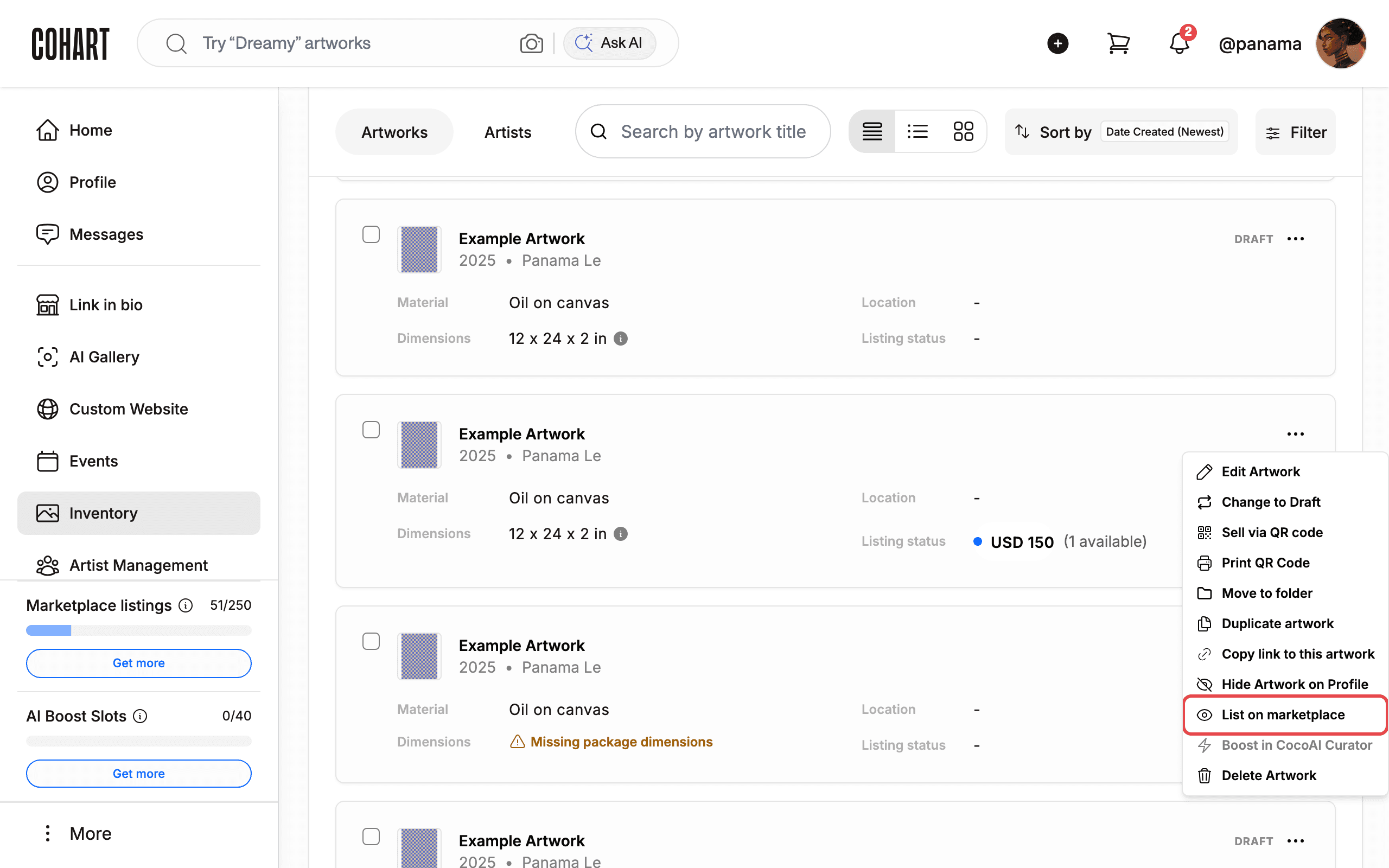 List the artwork on the marketplace