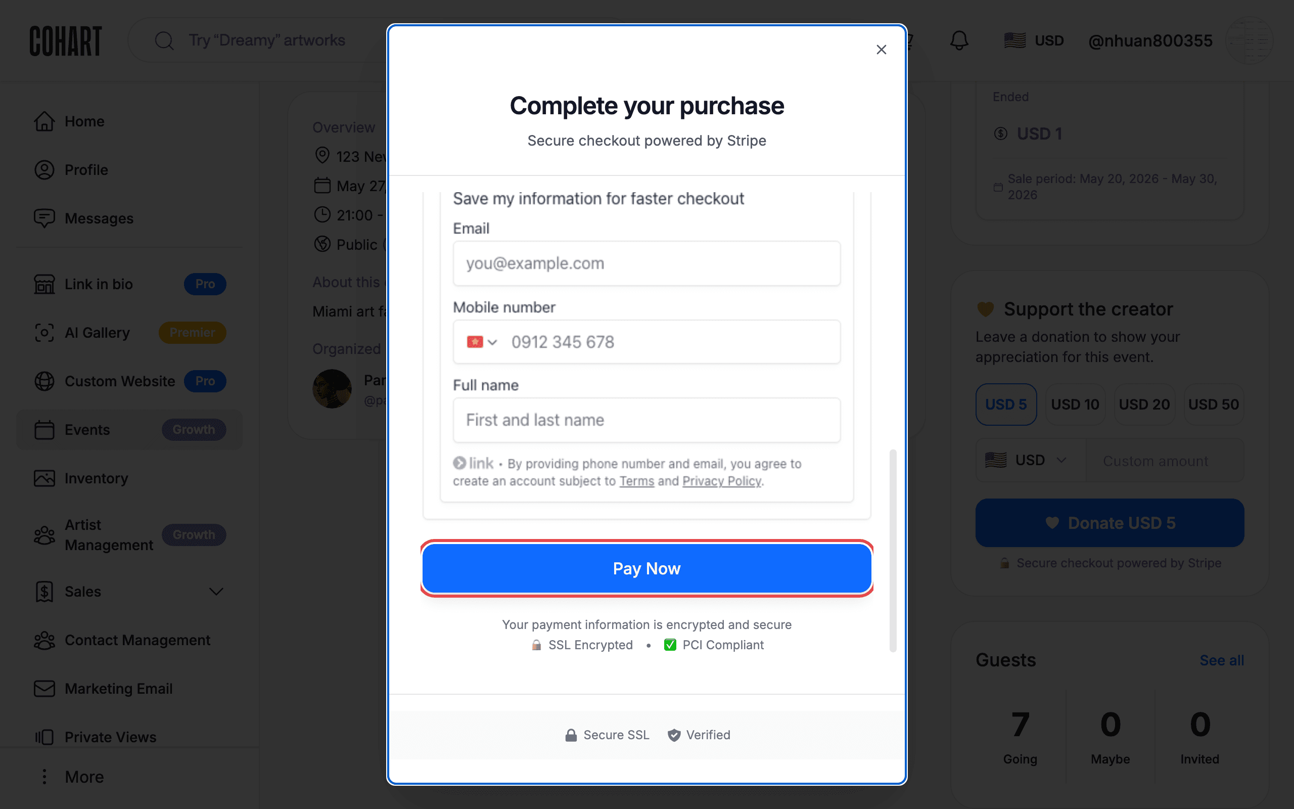 Stripe checkout dialog