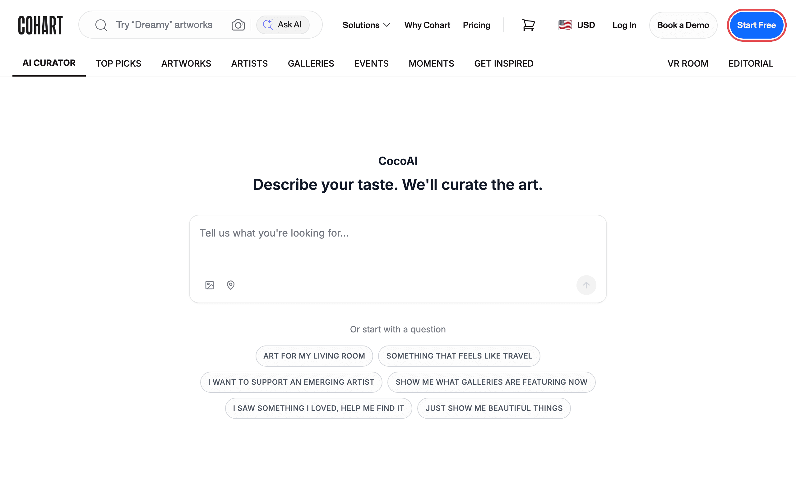 The Cohart homepage with the Start Free button highlighted in the top-right corner