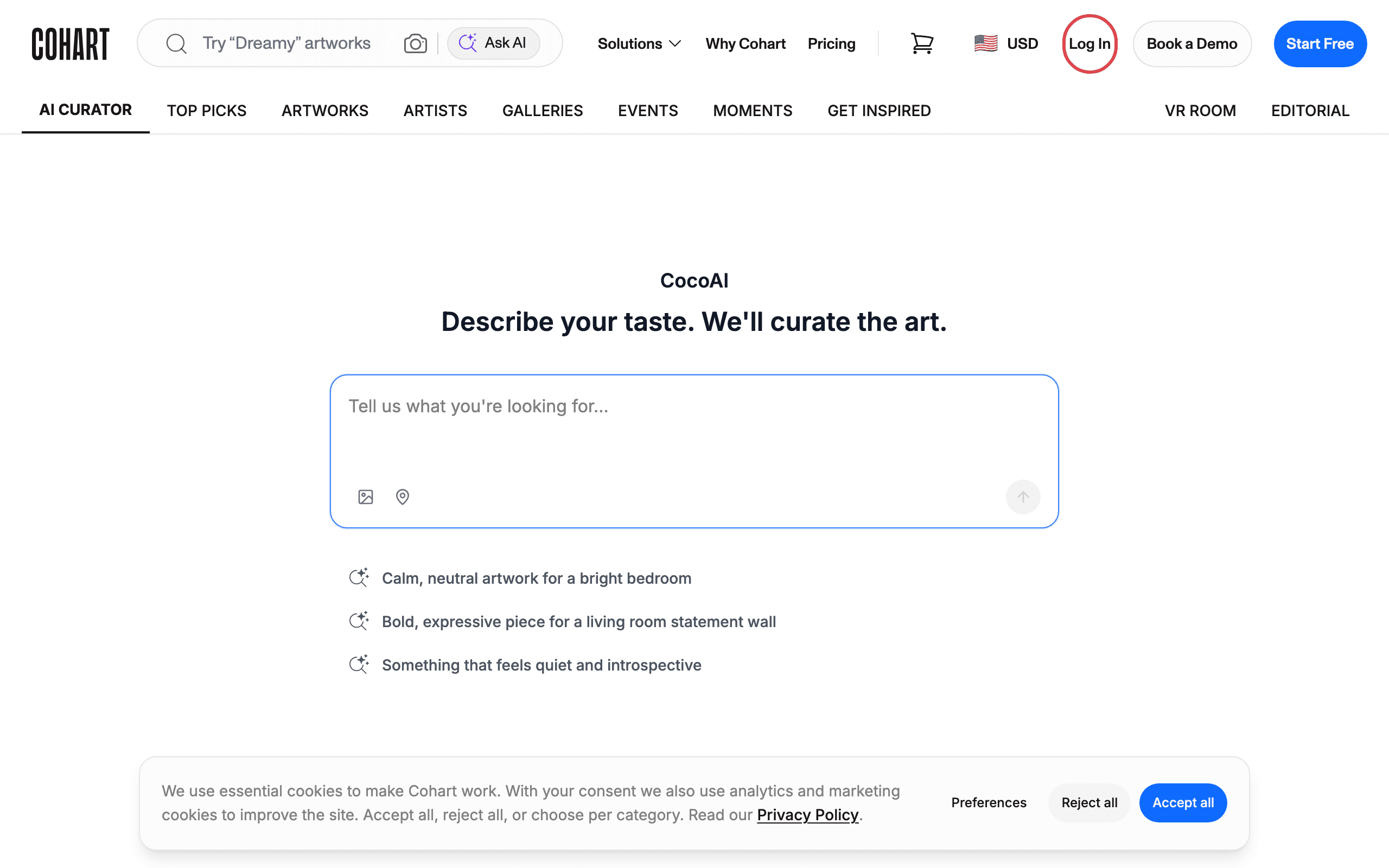 The Cohart homepage with the Log In button highlighted in the top-right corner