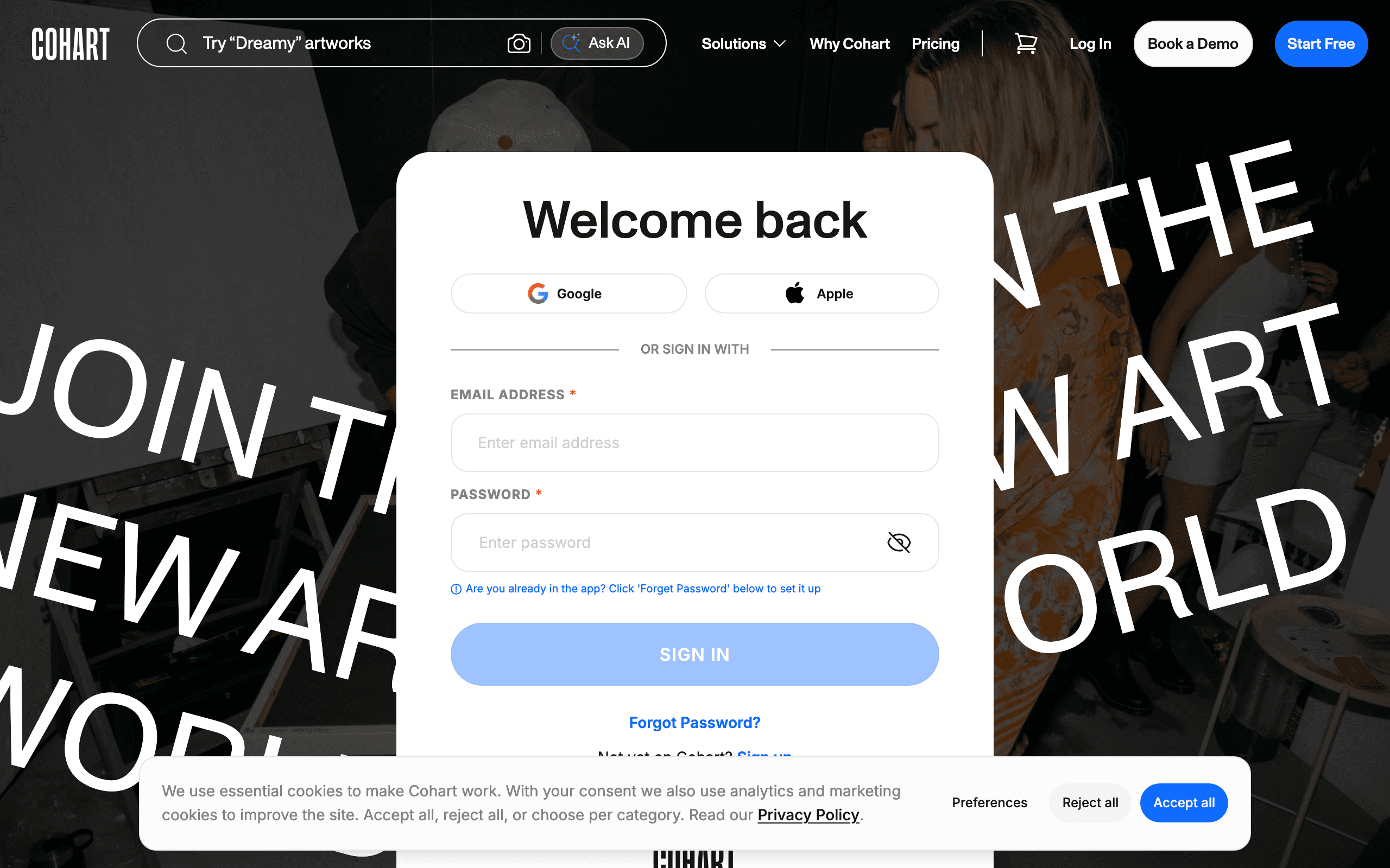 The Cohart login page showing Google, Apple, and email sign-in options