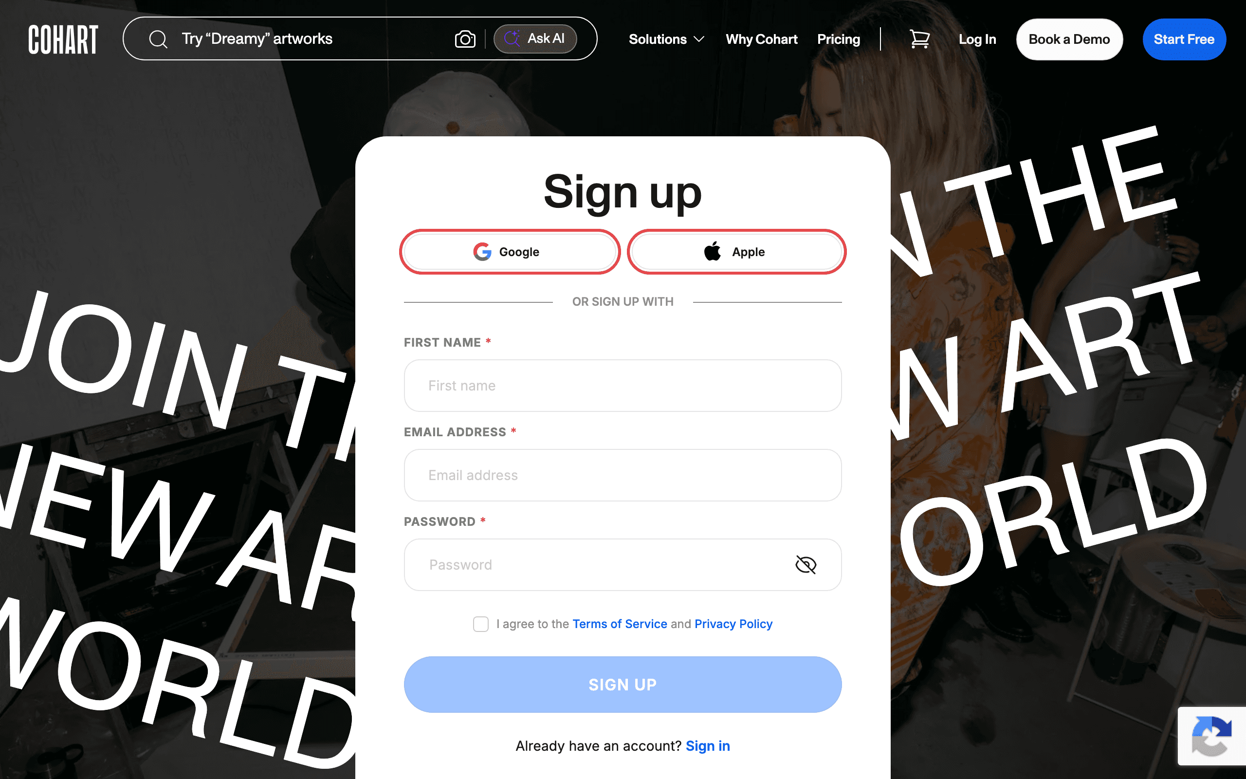 The Sign up page with the Google and Apple buttons highlighted