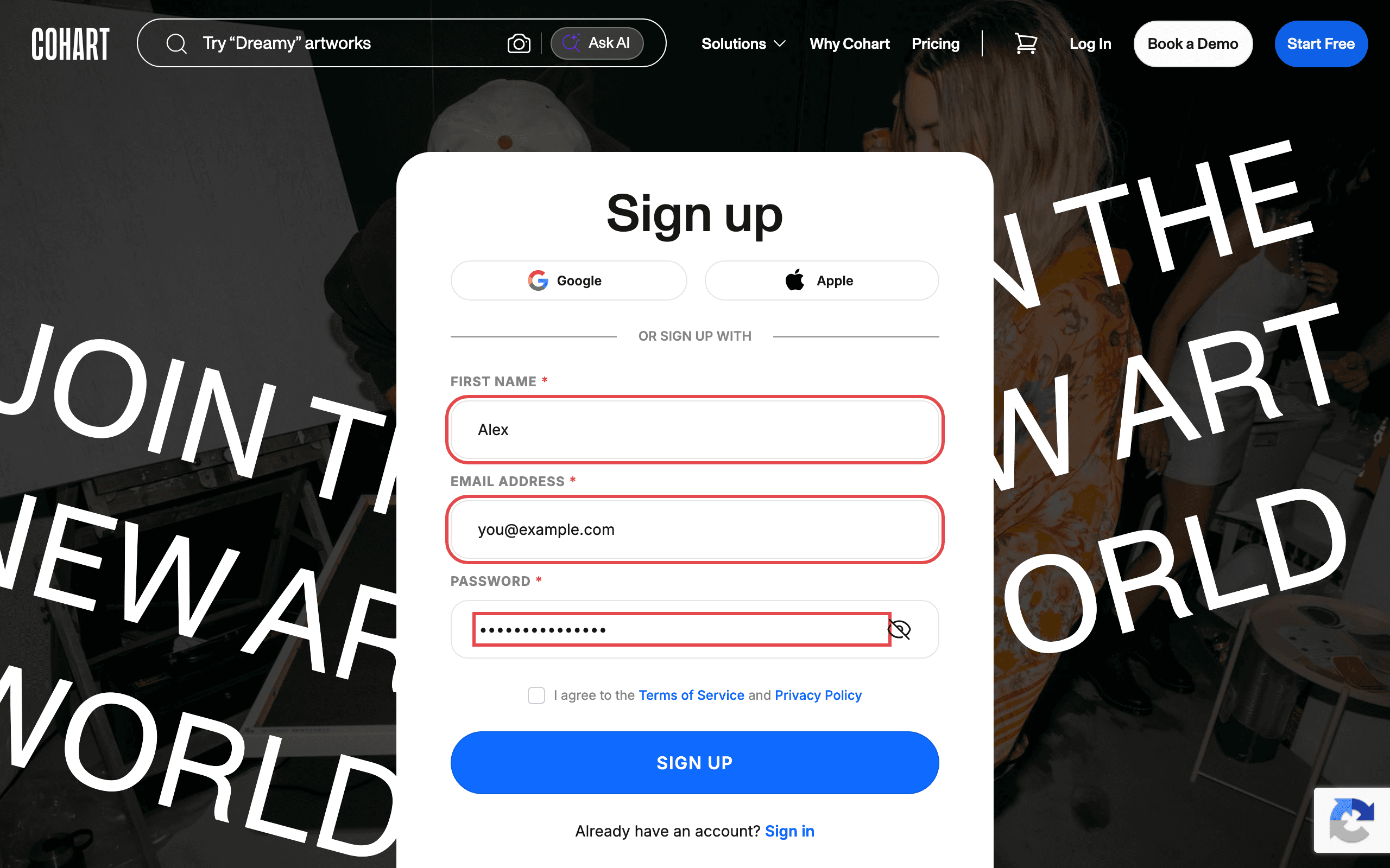 The sign-up form filled in with example details, with the three fields highlighted